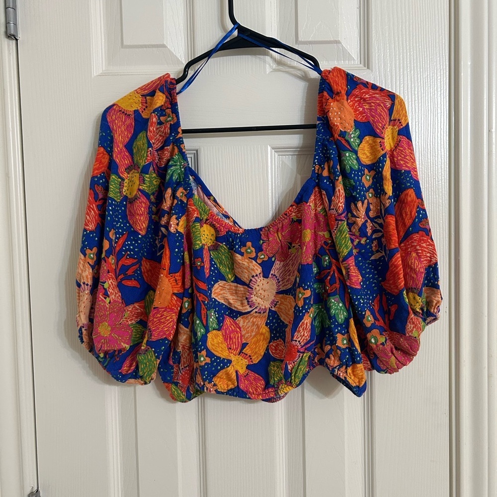 Sienna Sky Orange and Blue Puff Sleeve Crop Top